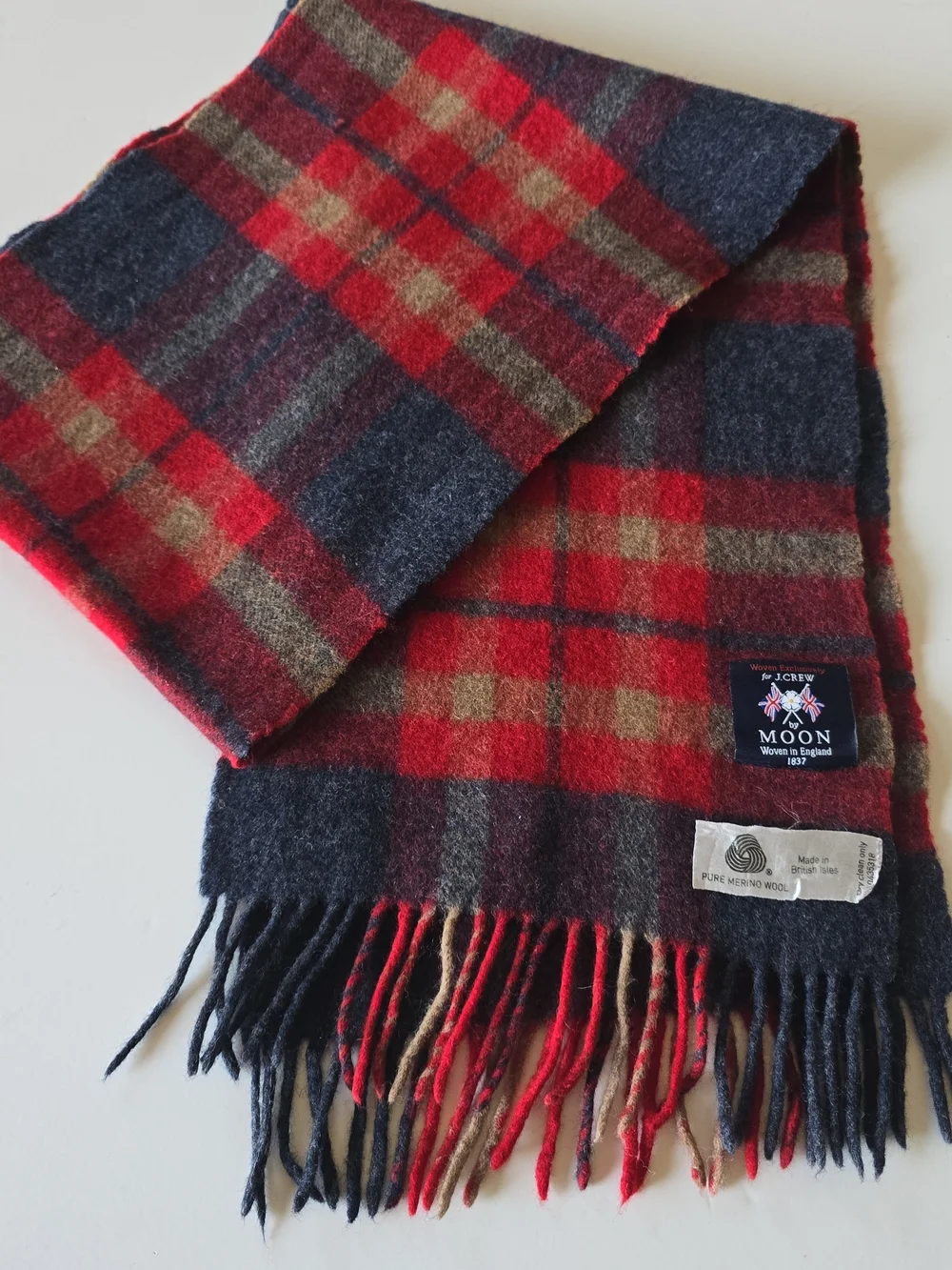J. Crew Red, Navy & Tan Plaid Wool Scarf